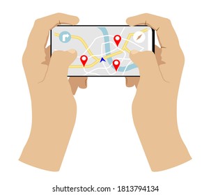 Mano sosteniendo el teléfono móvil con sistema de navegación. Comunicación, concepto de redes sociales. Mapa urbano y ruta en pantalla de smartphone. GPS, tecnología de geolocalización, aplicación de asistente de viajes en la ciudad

