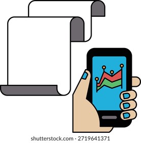 A hand holding a cell phone next to a piece of paper with a graph on it. Concept of using technology to analyze and interpret data
