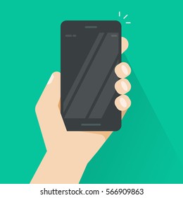 Hand holding cell phone smartphone vector, black mobile cellphone in hand illustration isolated on color background with empty blank screen flat graphic design illustration, showing display image