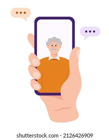 A hand holding a cell phone with touch screen. Video call with grandfather or father. The concept of caring for the elderly people. Flat vector illustration isolated on white background.