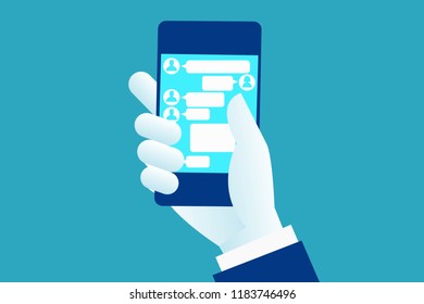 Hand holding cell smartphone mobile with business conversation chat bubbles. Social network Messenger concept frame. Eps 10 Vector illustration minimalist white blue flat business style modern design.