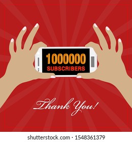 Hand holding cellphone, celebration banner/poster for 10Million subscribers/followers on social media, numbers showing on mobile phone screen. Red Retro/vintage background with a thank you note. 