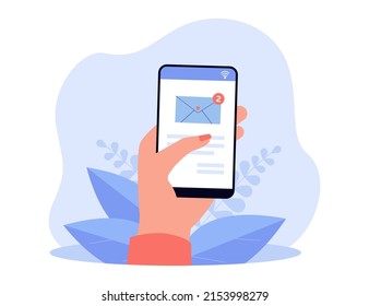 Hand holding cellphone with email symbol on screen. Finger tapping envelope or message flat vector illustration. Communication, network concept for banner, website design or landing web page