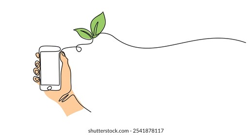 Hand holding a cellphone with leaf symbol in continuous one line drawing. Go green energy concept promoting eco-conscious technology.