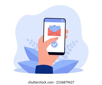 Hand holding cellphone with letter in envelope on screen. Office worker sending or receiving email flat vector illustration. Communication, technology, internet concept for banner, website design