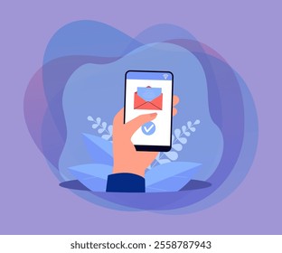 Hand holding cellphone with letter in envelope on screen. Office worker sending or receiving email flat vector illustration. Communication, technology, internet concept for banner, website design