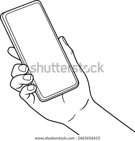 hand holding cellphone  line vector illustration isolated on white background