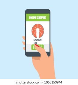 hand holding cellphone for online shopping groceries. vector illustration