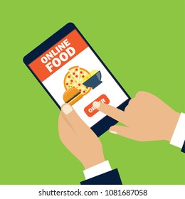 hand holding cellphone for online shopping food. vector illustration