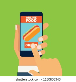hand holding cellphone for online shopping food. vector illustration
