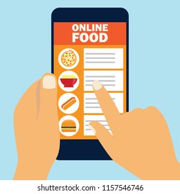 hand holding cellphone for online shopping food. vector illustration
