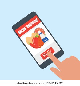 hand holding cellphone for online shopping groceries. vector illustration