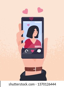 Hand holding cellphone with photo of young attractive woman on screen and hearts. Smartphone app for dating, searching for romantic partner, girlfriend. Flat cartoon colorful vector illustration.