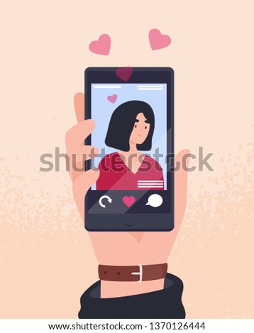 Hand holding cellphone with photo of young attractive woman on screen and hearts. Smartphone app for dating, searching for romantic partner, girlfriend. Flat cartoon colorful vector illustration.