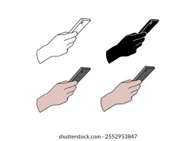 Hand holding cellphone from the side, in outline, silhouette, cartoon and sticker style.Vector.