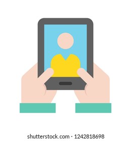 hand holding cellphone or tablet with people on screen,network communication flat  icon set