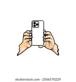 hand holding a cellphone taking a photo with the rear camera vector illustration