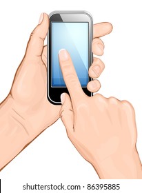 Hand holding cellular phone and touching the screen. vector illustration.  All main elements are on separate layers and can be edited as required