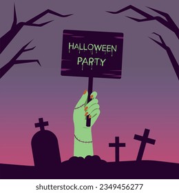 Mano sosteniendo un cementerio, cartel de Feliz Halloween, tarjeta de saludo de Halloween.