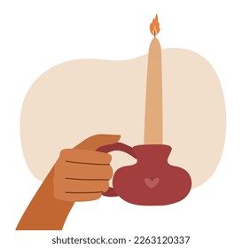 Hand holding a ceramic candle holder with a vintage candle. Vector hand drawn illustration isolated on white.