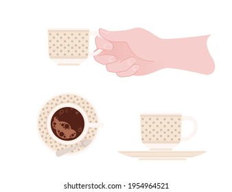 Hand holding a ceramic cup with beige pattern of tea on saucer vector illustration isolated on white background