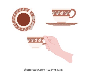 Hand holding a ceramic cup with brown pattern of tea on saucer vector illustration isolated on white background