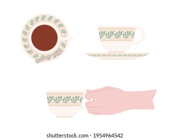 Hand holding a ceramic cup with green pattern of tea on saucer vector illustration isolated on white background