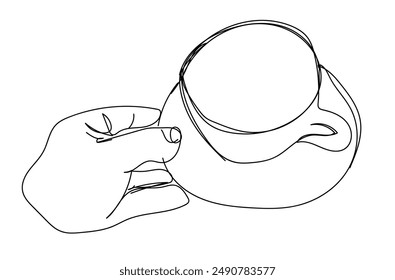  Hand holding a ceramic cup on a saucer with hot coffee or tea, linear vector illustration, hand drawing