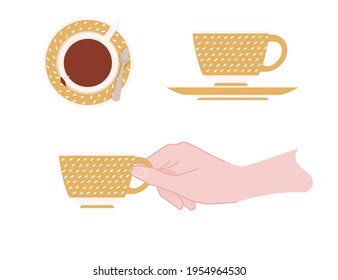 Hand holding a ceramic cup with yellow pattern of tea on saucer vector illustration isolated on white background