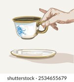 hand holding ceramic tea time party coffee cup pinky finger up sugar british classical pottery tableware porcelain illustration on white background