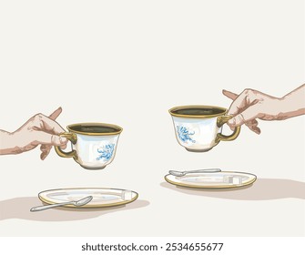 hand holding ceramic tea time coffee cup pinky finger up sugar british classical pottery tableware illustration on white background