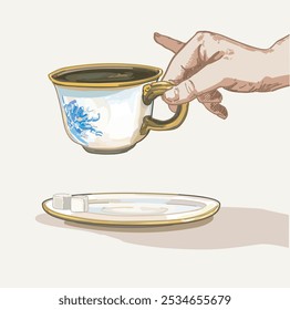 hand holding ceramic tea time party coffee cup pinky finger up sugar british classical pottery tableware porcelain illustration on white background