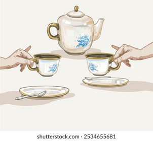 hand holding ceramic tea time party coffee cup pinky finger up sugar british classical pottery tableware porcelain illustration on white background