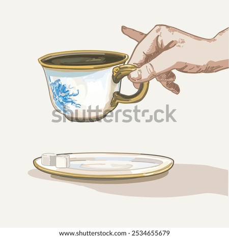 hand holding ceramic tea time party coffee cup pinky finger up sugar british classical pottery tableware porcelain illustration on white background