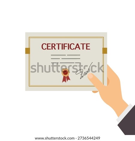 Hand holding certificate. Certificate of completion of educational courses, graduation document concept