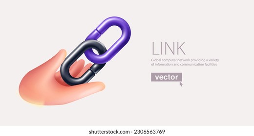 Hand holding chain links in 3D cartoon plastic style. Realistic vector hyperlink icon render. Teamwork emblem. Connection symbol for your blockchain design, hotspot logo, crypto currency app, NFT UI. svg