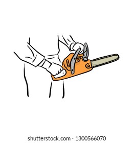 hand holding chainsaw vector illustration sketch doodle hand drawn with black lines isolated on white background. Carpentry tool.