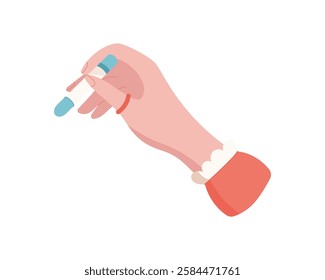 Hand holding chalk. Gesture of a female character with chalk item. Symbol of creativity, cartoon graphic style, potential usage in educational or artistic concepts.