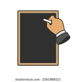 Hand holding chalk on background black chalkboard. Education and Training concept.  Write chalk. Vector illustration flat design.