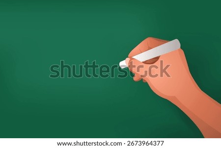 Hand Holding Chalk on Green Blackboard, education and school background template for teacher, student, or classroom. Suitable for Back To School or World Teachers’ Day theme. 