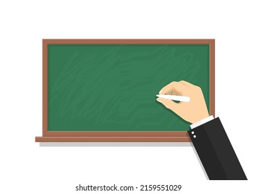 Hand holding chalk and write on blackboard. Professor hold chalk and drawing on chalkboard. School board with hand of teacher, student and professor. Schoolboard in classroom. Vector.