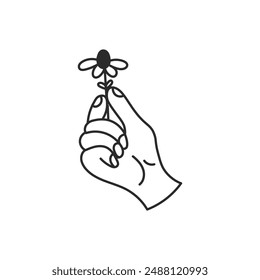 Hand holding Chamomile flower Doodle Line Icon. Gesture with little wildflower in fingers. Outline bouquet, phytotherapy, medicinal herbs, charity, kindness symbol. Isolated vector illustration
