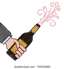 hand holding champagne bottle explosion event vector illustration