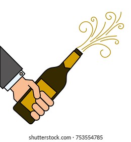 hand holding champagne bottle explosion event vector illustration
