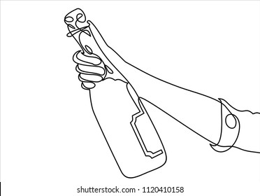 Hand holding a champagne bottle-continuous line drawing