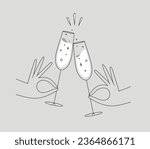 Hand holding champagne clinking glasses drawing in flat line style on grey background