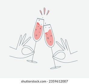 Hand holding champagne clinking glasses drawing in flat line style