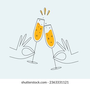 Hand holding champagne clinking glasses drawing in flat line style on light background