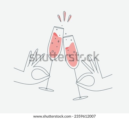 Hand holding champagne clinking glasses drawing in flat line style