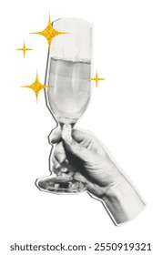 Hand holding champagne flute glass halftone art collage sticker with gold glitter sparkling stars. Toast, cheers for Christmas and New year. Cut out paper clip, modern retro grunge vector illustration